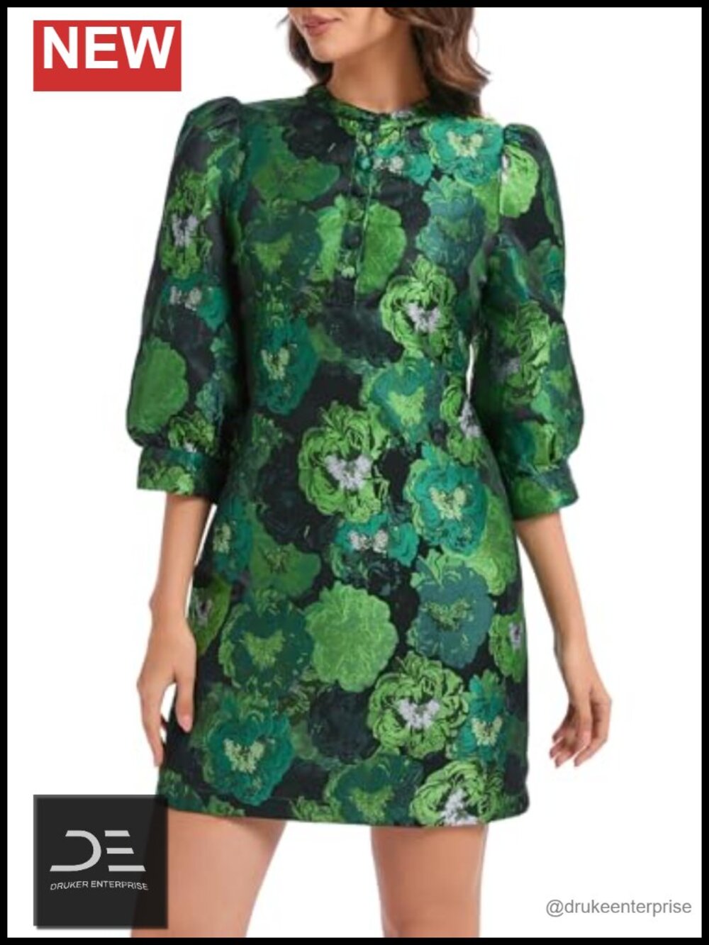 Floral Jacquard Mini Shift Dress 3/4 Sleeve Cocktail Party